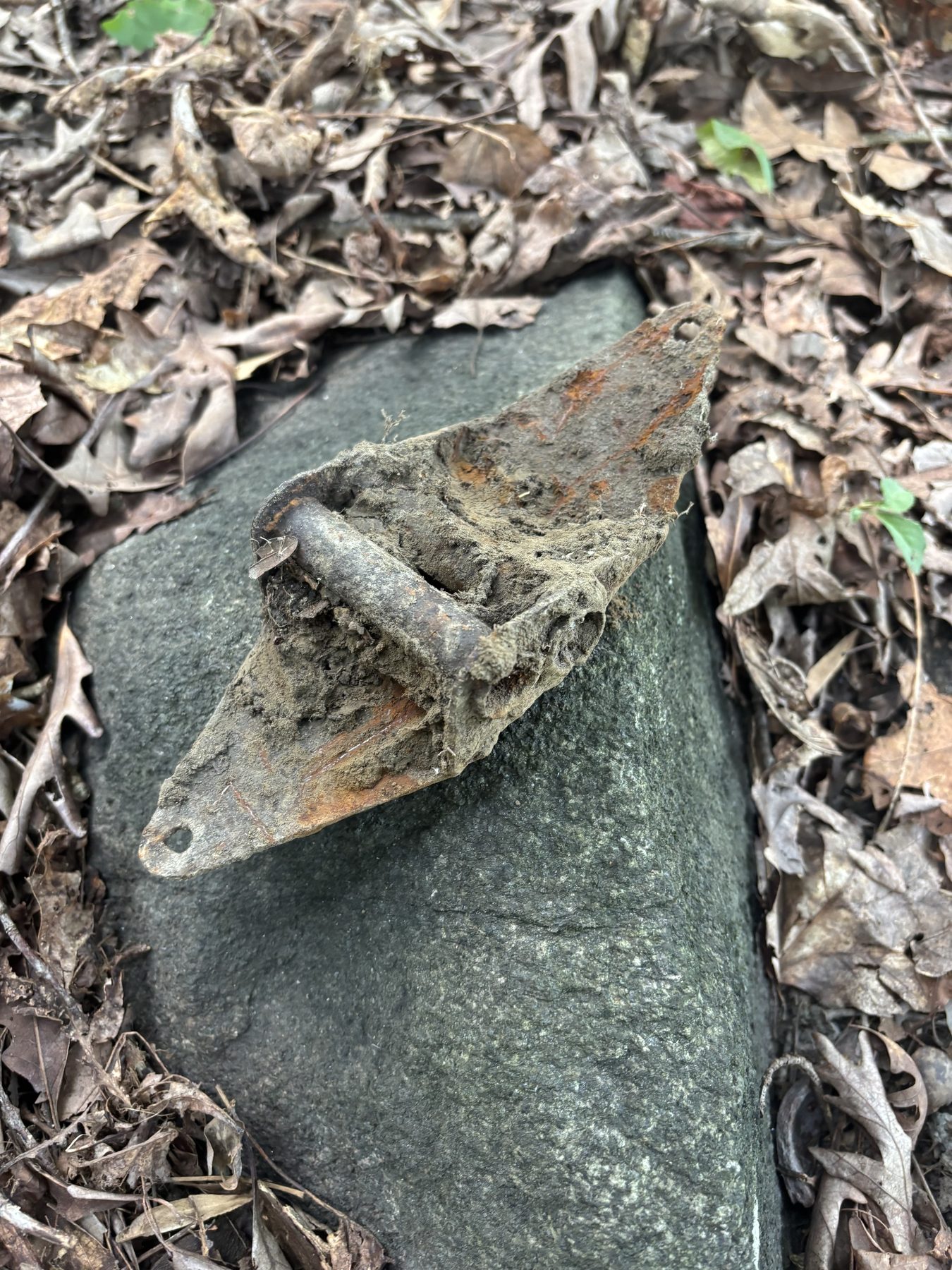 A rusted, triangular piece of scrap metal on a rock