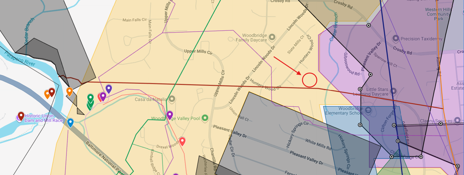 A Google My Maps screenshot with a burgundy line marking the approximate roadbed and a red circle marking the find spot