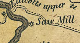 A cropped detail of an 18th-century map labeled 'upper Saw Mill'